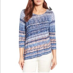 NIC+ZOE Linen Blend Asymmetric Hem Pullover Blouse - Medium